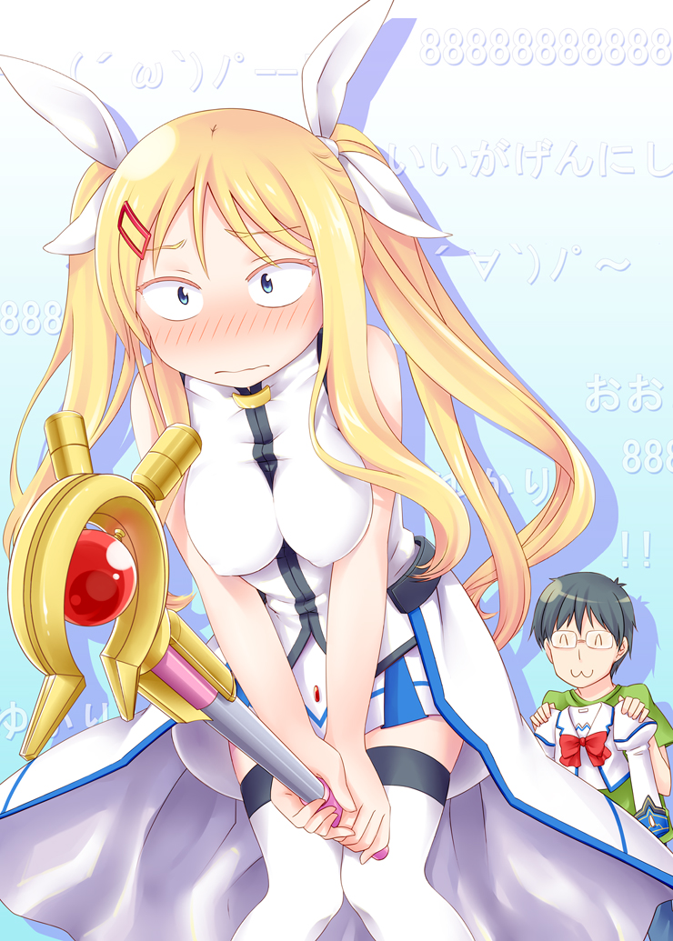 1boy, 1girl, :3, bare_shoulders, blonde_hair, blue_eyes, blush, bow