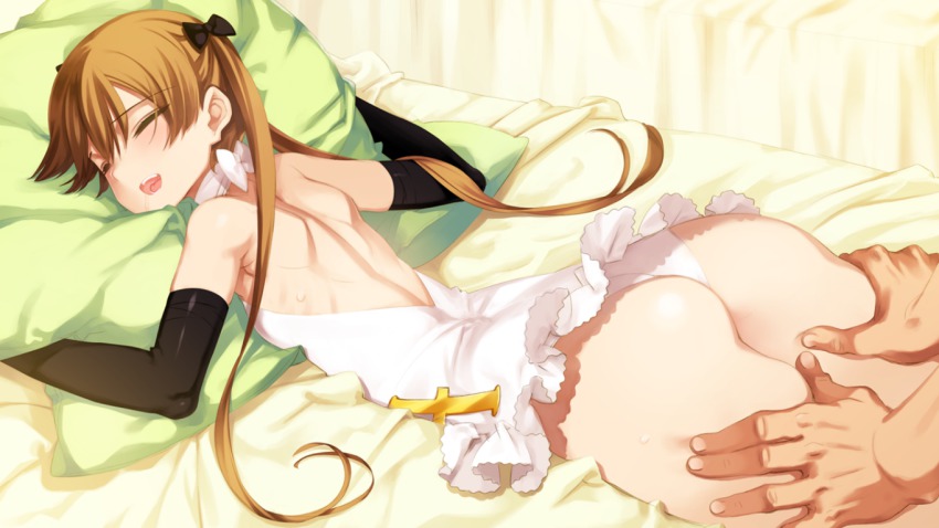 1boy, 1girl, achilles_(eiyuu_senki), ass, back, bed, black_gloves, blush, bow, brown_hair, closed_eyes, eiyuu_senki, game_cg, gloves, hair_bow, long_hair, lying, massage, official_art, on_stomach, ooyari_ashito, open_mouth, panties, pillow, sleep_molestation, sleeping, solo_focus, twintails, underwear, white_panties