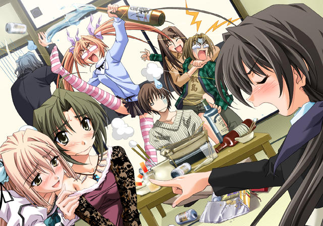 3boys, 5girls, ahoge, asphyxiation, black_hair, blonde_hair, blush, bottle, brown_hair, bun_cover, can, closed_eyes, double_bun, drunk, everyone, game_cg, glasses, green_hair, hair_bun, hair_ribbon, hanamatsuri_karin, high_kick, hug, inaho_shin, jiiya_(memories_off), kicking, kurosu_kanata, lace, long_hair, matsuo_yukihiro, memories_off, misasagi_inori, multiple_boys, multiple_girls, nonohara_haya, o_o, open_mouth, party, plaid, pointing, ribbon, sagisawa_isshu, shirakawa_shizuru, short_hair, siblings, sisters, skirt, spill, strangling, striped_clothes, striped_legwear, striped_thighhighs, sweatdrop, table, thighhighs, yellow_eyes, zettai_ryouiki