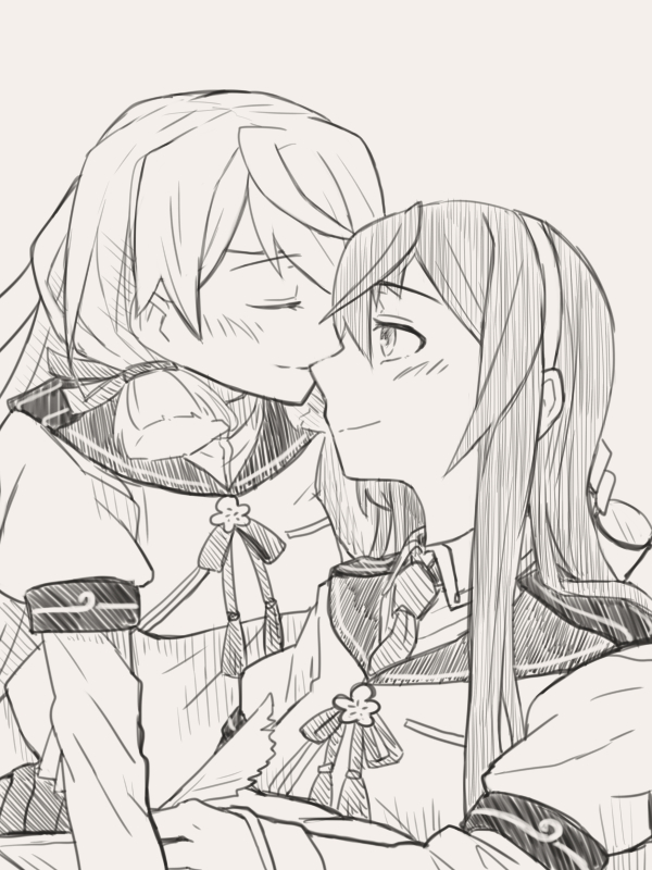 10s, 2girls, akashi_(kancolle), blush, closed_eyes, clothing_cutout, female_focus, glasses