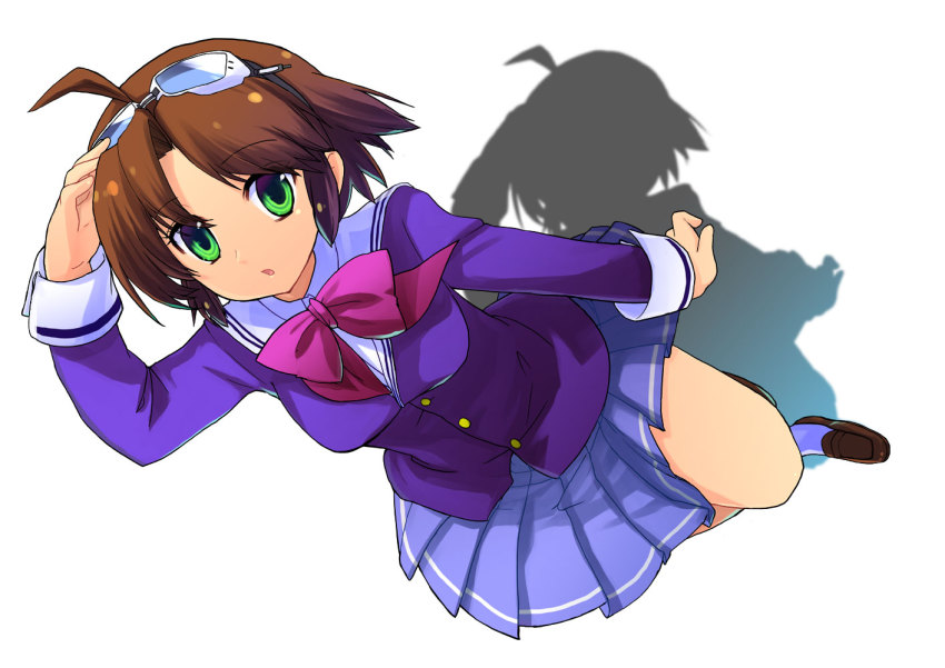 1girl, ahoge, brown_hair, female_focus, goggles, goggles_on_head, green_eyes, hani_kuraun, kazami_chisato, owari_no_chronicle, school_uniform, shadow, skirt, solo