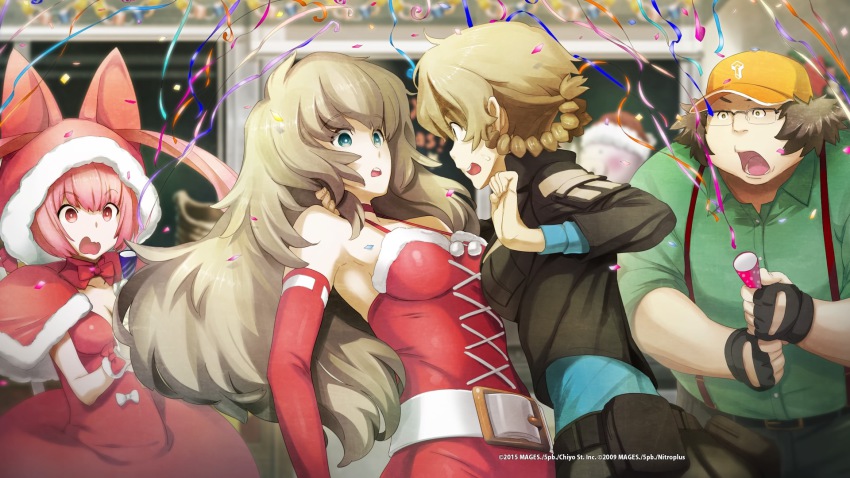 1boy, 3girls, 5pb., akiha_rumiho, amane_suzuha, amane_suzuha_(beta), amane_yuki, belt