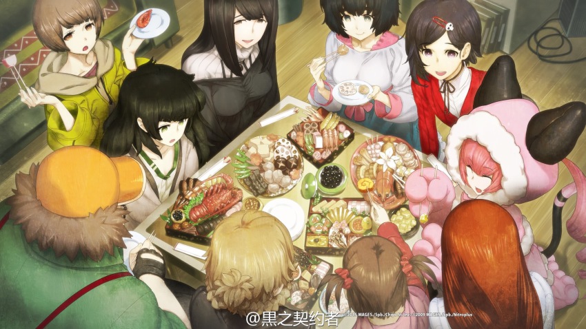 5pb., 6+girls, akiha_rumiho, amane_suzuha, amane_suzuha_(beta), animal_hands, animal_hood, black_hair, breasts, brown_hair, cat_hood, cat_paws, cat_tail, cleavage, eating, faris_nyannyan, fingerless_gloves, food, game_cg, gloves, hair_ornament, hashida_itaru, hat, highres, hiyajou_maho, hood, huke, indoors, kurushima_kaede, long_hair, makise_kurisu, multiple_girls, nakase_katsumi, nitroplus, off_shoulder, official_art, open_mouth, pink_hair, science_adventure, shiina_kagari, shiina_mayuri, short_hair, smile, steins;gate, steins;gate_0, tail, tennouji_nae, urushibara_luka, watermark, weibo_watermark