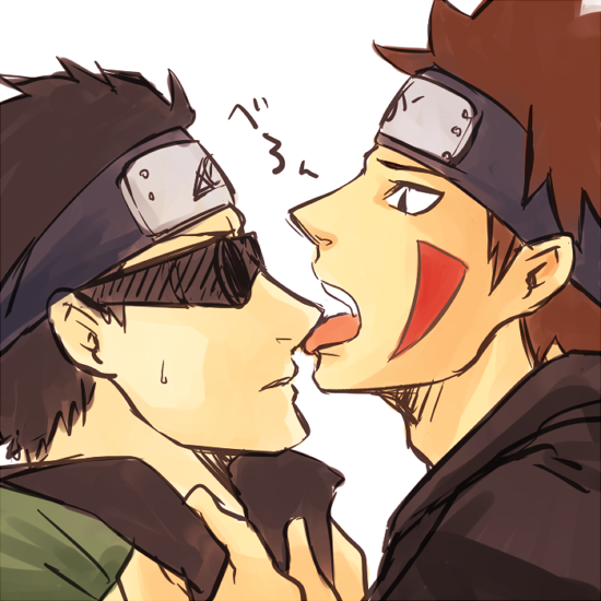 2boys, aburame_shino, black_hair, brown_hair, facepaint, facial_mark, goggles, headband, inuzuka_kiba, male_focus, multiple_boys, naruto_(classic), naruto_(series), torori, yaoi