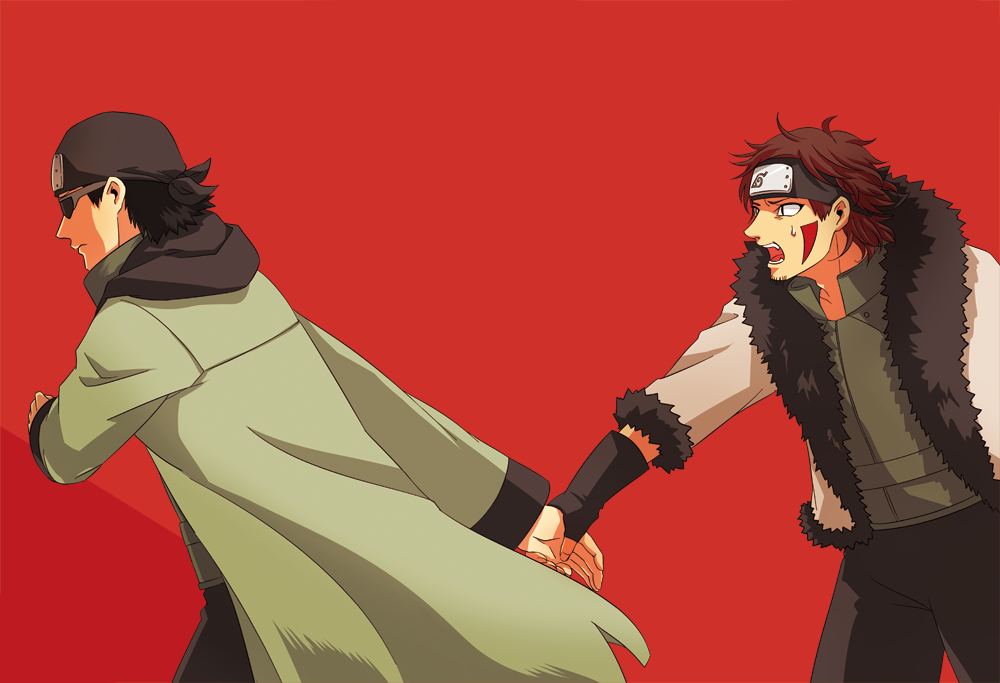 2boys, aburame_shino, black_hair, brown_eyes, brown_hair, coat, facepaint, facial_mark