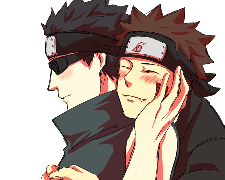 2boys, aburame_shino, black_hair, blush, brown_hair, facepaint, facial_mark, fang, goggles, headband, inuzuka_kiba, male_focus, multiple_boys, naruto_(classic), naruto_(series), smile, torori, yaoi