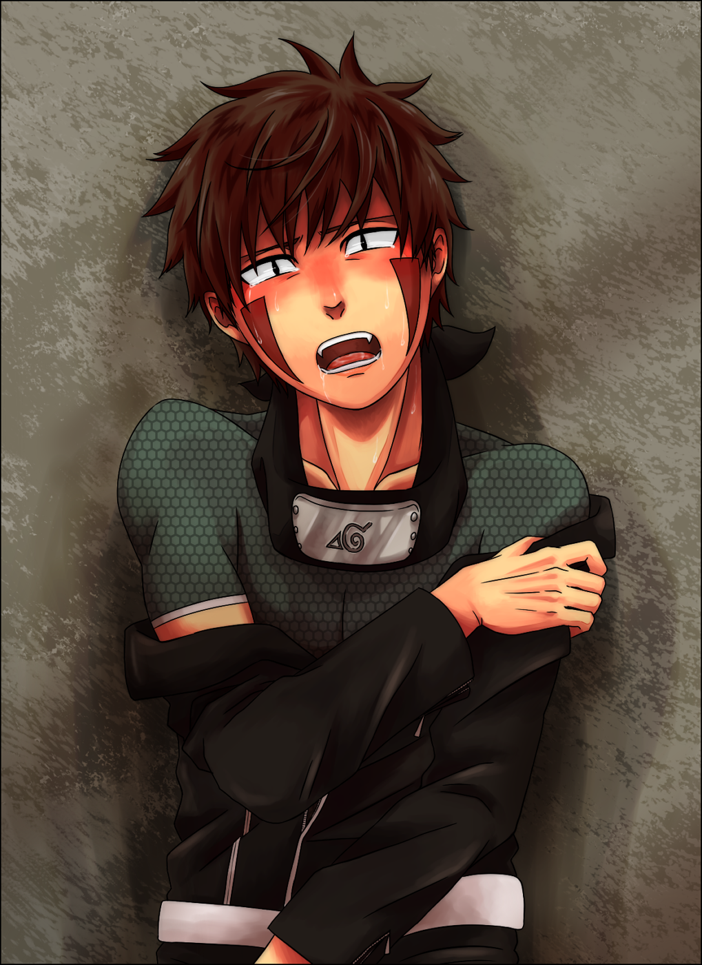 1boy, black_hair, blush, brown_eyes, brown_hair, facepaint, facial_mark, fangs