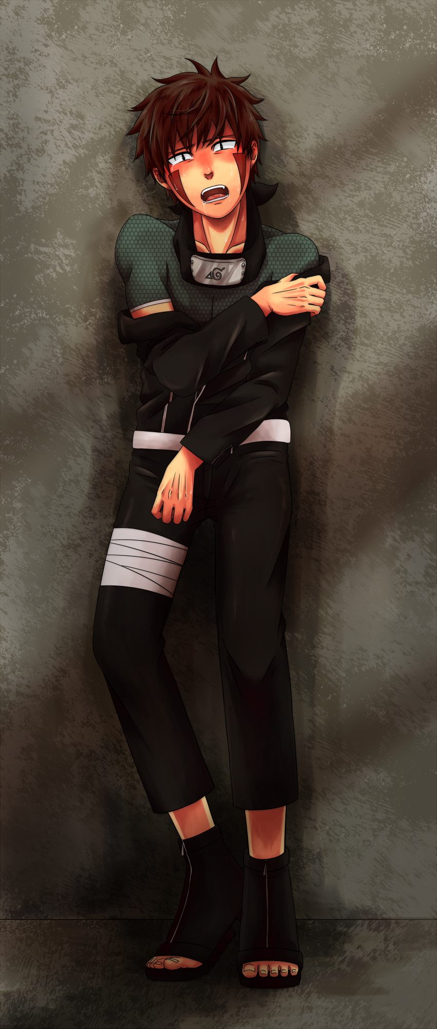 1boy, black_hair, blush, brown_eyes, brown_hair, facepaint, facial_mark, fangs