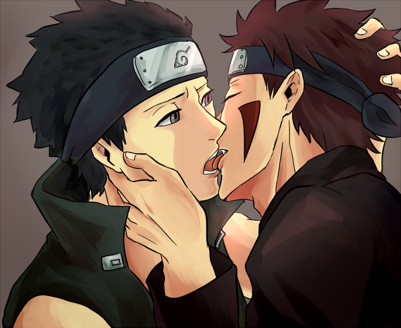 2boys, aburame_shino, black_hair, brown_hair, facepaint, facial_mark, headband, inuzuka_kiba, kiss, male_focus, multiple_boys, naruto_(classic), naruto_(series), short_hair, torori, yaoi