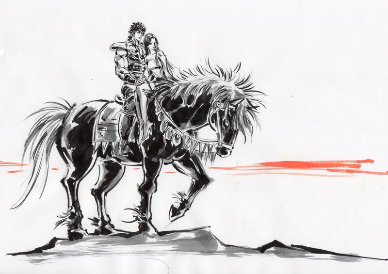 1boy, 1girl, hayama_jun'ichi, hokuto_no_ken, horse, horseback_riding, kenshiro, kokuoh_(hokuto_no_ken)