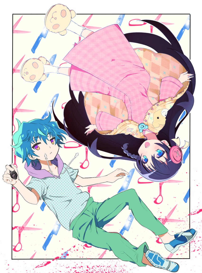 1boy, 1girl, absurdres, animal_slippers, black_hair, blue_eyes, blue_hair, highres
