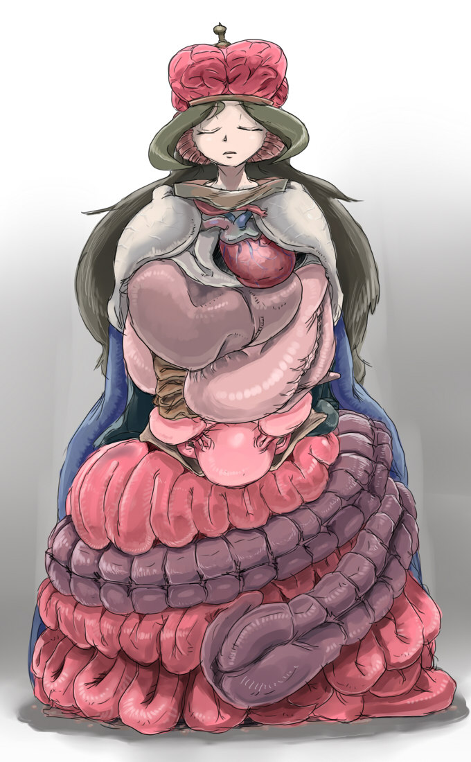 1girl, brain, closed_eyes, crown, exposed_brain, female_focus, intestines, liver
