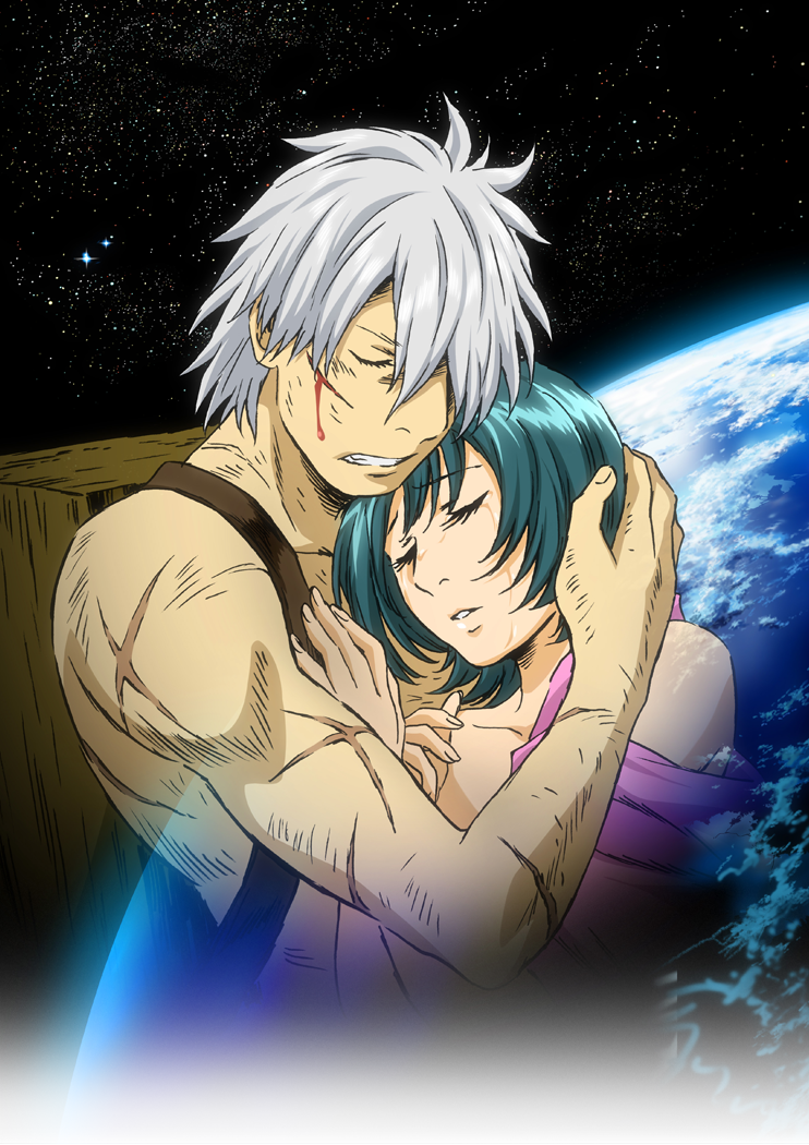 1boy, 1girl, april_fools, blood, closed_eyes, earth_(planet), ginko_(mushishi), green_hair
