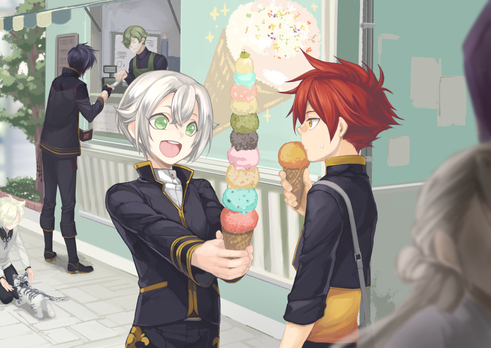 10s, 6+boys, :d, aizen_kunitoshi, akashi_kuniyuki, bandaid, bandaid_on_face, bandaid_on_nose, black_hair, blurry, cash_register, closed_eyes, depth_of_field, food, gokotai, gokotai's_tigers, green_eyes, green_hair, hotarumaru, ice_cream, ice_cream_cone, ima-no-tsurugi, male_focus, multiple_boys, multiple_scoops, open_mouth, red_hair, slice_of_life, smile, soul_(tamashii), sparkle, sword_school_reunion_(touken_ranbu), tiger, too_many, too_many_scoops, touken_ranbu, uguisumaru, white_hair, white_tiger, yellow_eyes