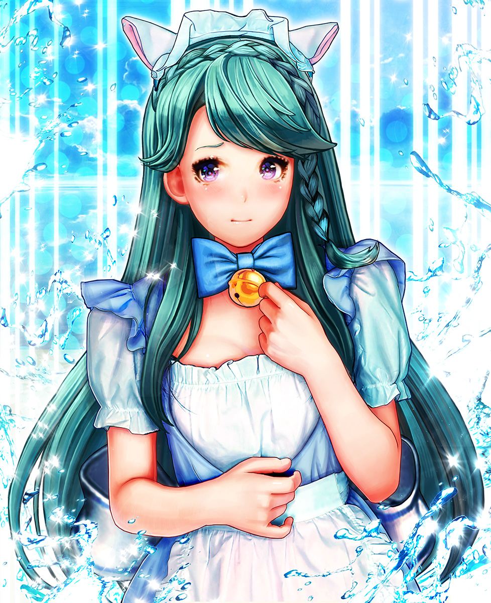 1girl, aqua_hair, bell, blue_eyes, braid, breasts, collar, collarbone, female_focus, go!_princess_precure, highres, kaidou_minami, long_hair, looking_at_viewer, maid, md5_mismatch, mochisoldier, neck_bell, precure, resolution_mismatch, short_sleeves, single_braid, small_breasts, solo, source_smaller, splashing, upper_body