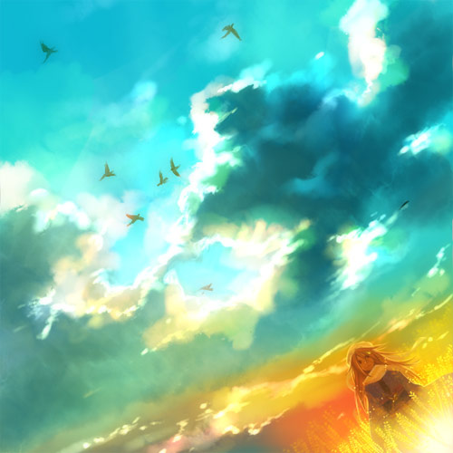 1girl, bird, blonde_hair, cloud, dutch_angle, female_focus, kyouka_hatori, kyoukahatori