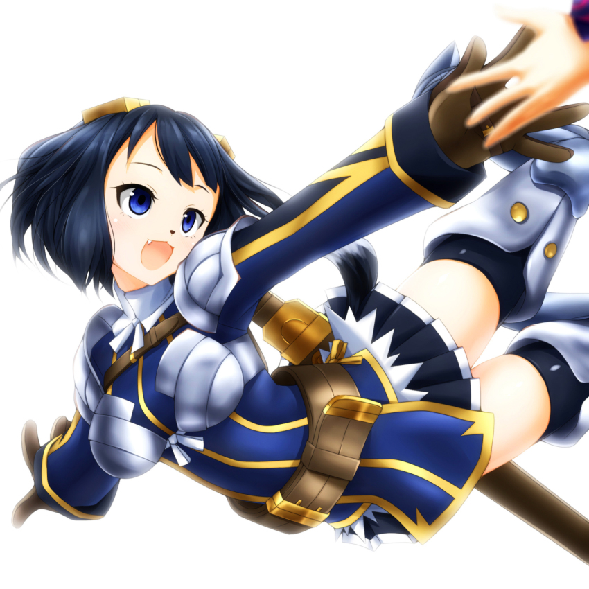 2girls, armor, armored_dress, black_hair, blue_eyes, dog_tail, dress, falling
