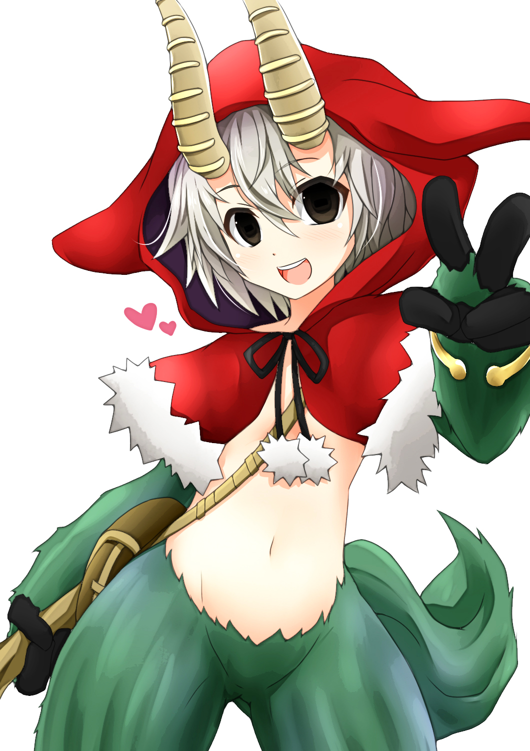 1boy, bag, bracelet, brown_eyes, fur, fur_trim, grey_hair, heart, highres, hood, horns, jewelry, lucchini, majo_to_hyakkihei, male_focus, nippon_ichi, open_mouth, short_hair, smile, solo, staff, tail, v, watarui