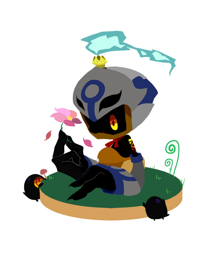 androgynous, armor, bag, claws, flower, gender_request, grass, helmet, hyakkihei, majo_to_hyakkihei, nippon_ichi, petals, pouch, solo, takinuki, white_background