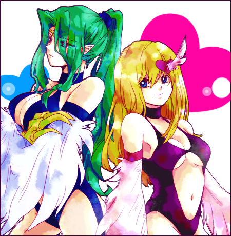 2girls, azm, back-to-back, bad_id, bad_pixiv_id, blonde_hair, blue_eyes, breasts, choker, claws, cleavage, detached_sleeves, duel_monster, feathers, green_hair, hair_ornament, hair_over_one_eye, harpie_girl_(yu-gi-oh!), harpie_queen, harpy, heart, heart_hair_ornament, large_breasts, leotard, long_hair, lowres, medium_breasts, monster_girl, multiple_girls, ponytail, smile, underboob, very_long_hair, winged_arms, wings, yu-gi-oh!, yu-gi-oh!_duel_monsters