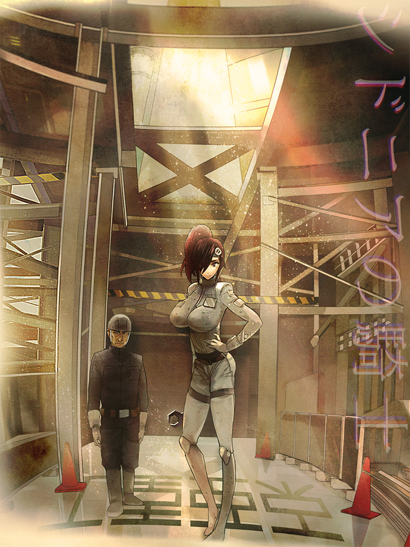 1boy, 1girl, bad_id, bad_pixiv_id, boots, breasts, brown_hair, chromatic_aberration