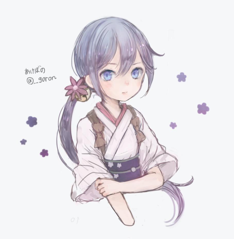 10s, 1girl, akebono_(kancolle), bad_id, bad_twitter_id, bell, female_focus, floral_print, flower, goron_(__goron), hair_bell, hair_flower, hair_ornament, japanese_clothes, jingle_bell, kantai_collection, kimono, long_hair, looking_at_viewer, maid, purple_eyes, purple_hair, side_ponytail, simple_background, solo, tasuki, wa_maid