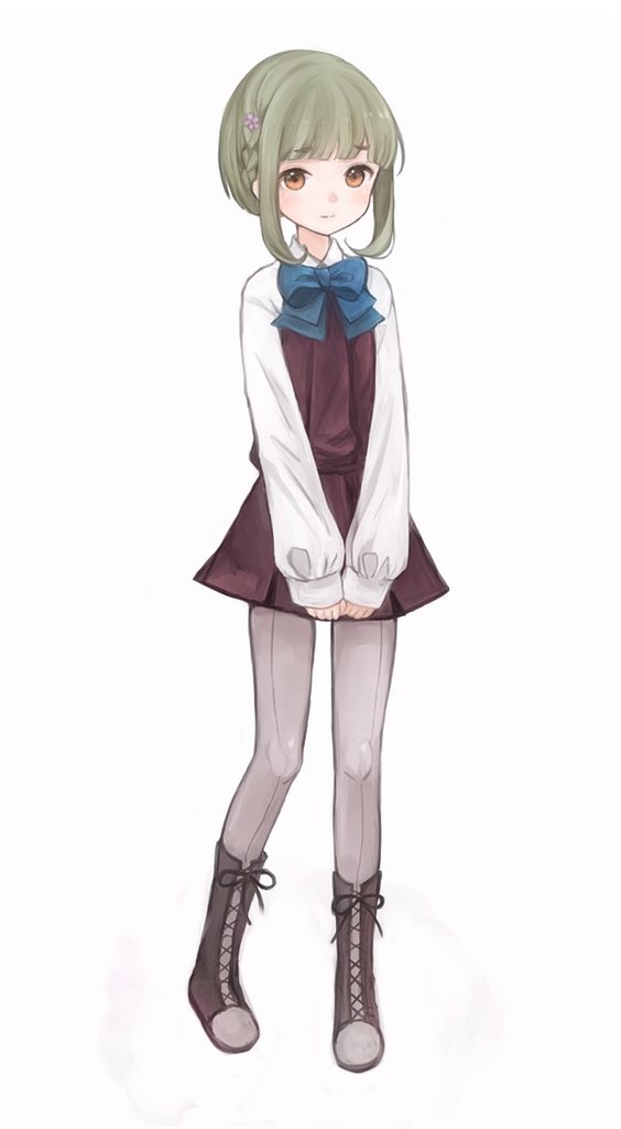 10s, 1girl, bad_id, bad_twitter_id, blouse, blush, bob_cut, boots, braid, brown_eyes, female_focus, goron_(__goron), green_hair, kantai_collection, lace-up_boots, long_sleeves, looking_at_viewer, pantyhose, shirt, short_hair, sidelocks, solo, takanami_(kancolle)