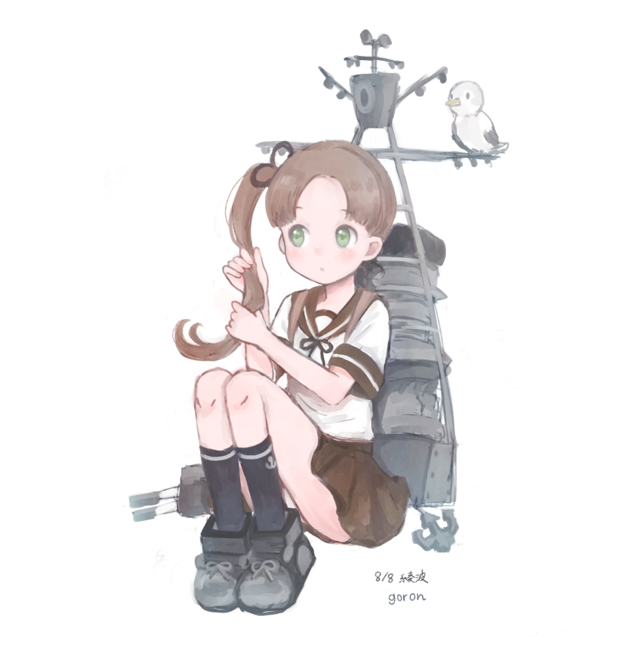 10s, 1girl, adjusting_hair, ayanami_(kancolle), bad_id, bad_twitter_id, brown_hair, female_focus