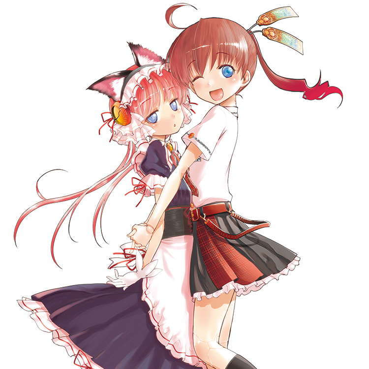 10s, 2girls, ;d, ahoge, android, animal_ears, apron, black_socks