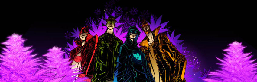 4boys, banner, beard, creaky_jackals, facial_hair, glowing, glowing_eyes, hat, hood, hoodie, jacket, male_focus, multiple_boys, mustache, og_purp, sunglasses, tha_trickaz