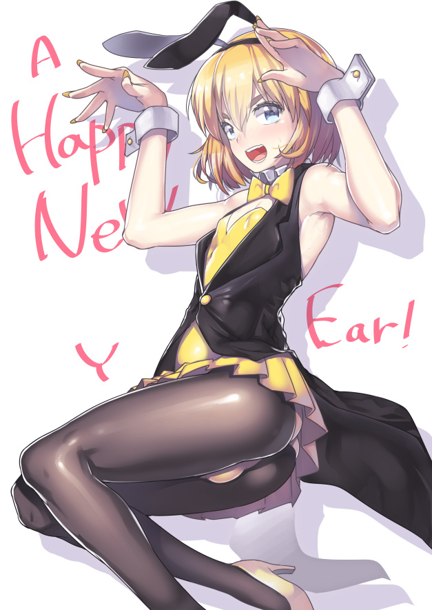 1boy, androgynous, animal_ears, armin_arlert, black_pantyhose, blonde_hair, blue_eyes, blush