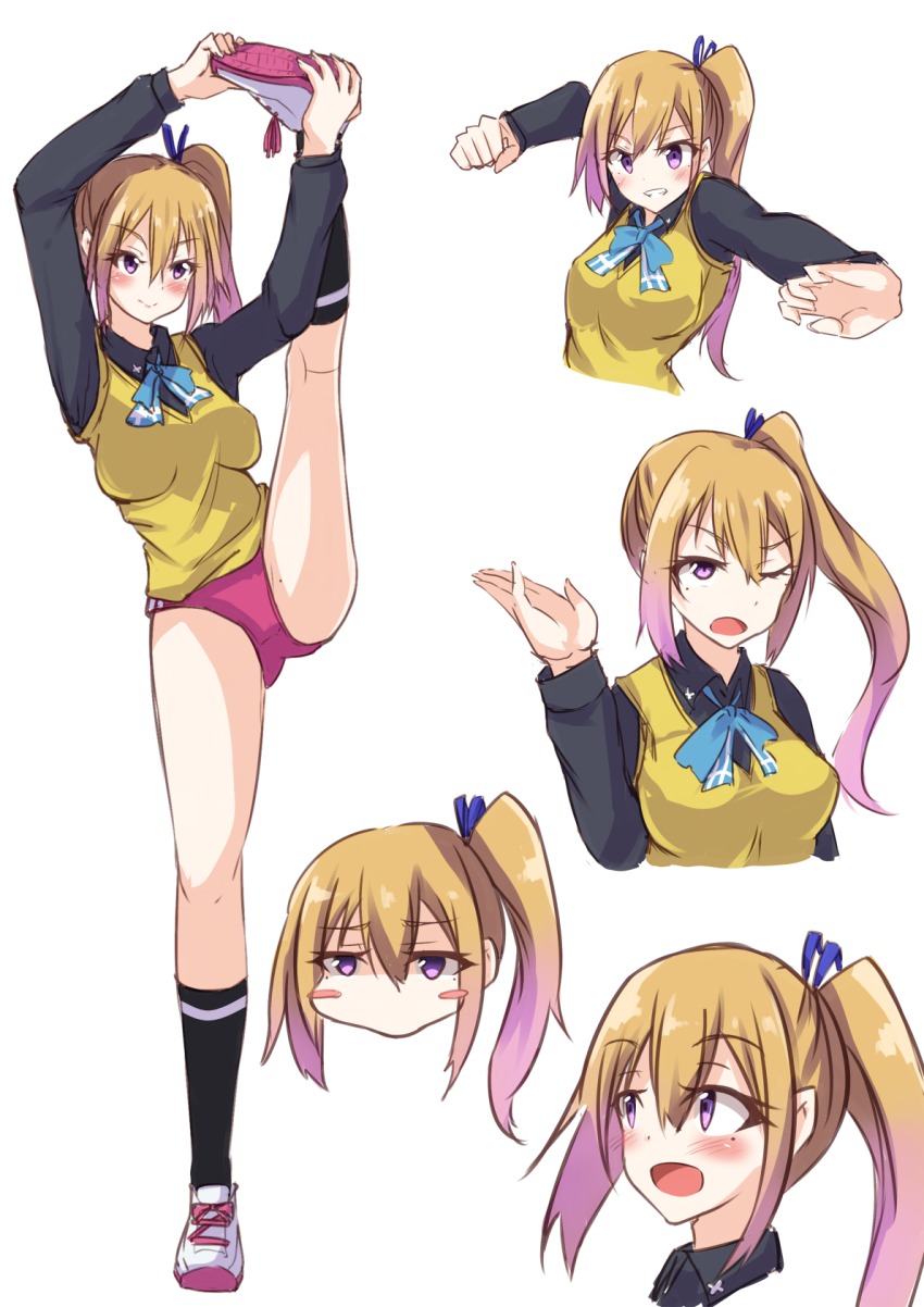 10s, 1girl, bad_id, bad_nicoseiga_id, blonde_hair, blush, breasts, buruma, female_focus, hair_ribbon, highres, kawakami_mai, large_breasts, leg_up, long_hair, looking_at_viewer, mole, mole_on_thigh, mole_under_eye, musaigen_no_phantom_world, one_eye_closed, open_mouth, p.k.f, purple_eyes, ribbon, school_uniform, shoes, side_ponytail, simple_background, smile, sneakers, solo, standing, standing_on_one_leg, sweater_vest