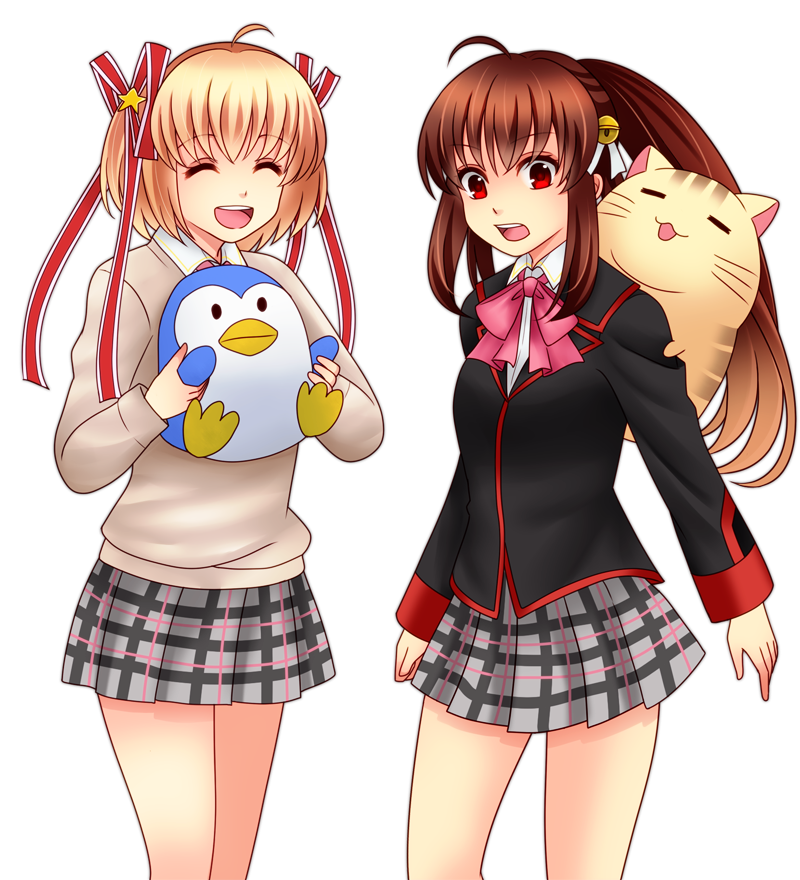 2girls, aibi12634761, bad_id, bad_pixiv_id, bird, blonde_hair, brown_hair, cat