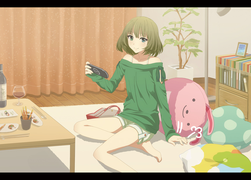 10s, 1girl, bag, barefoot, blouse, blue_eyes, brown_hair, female_focus