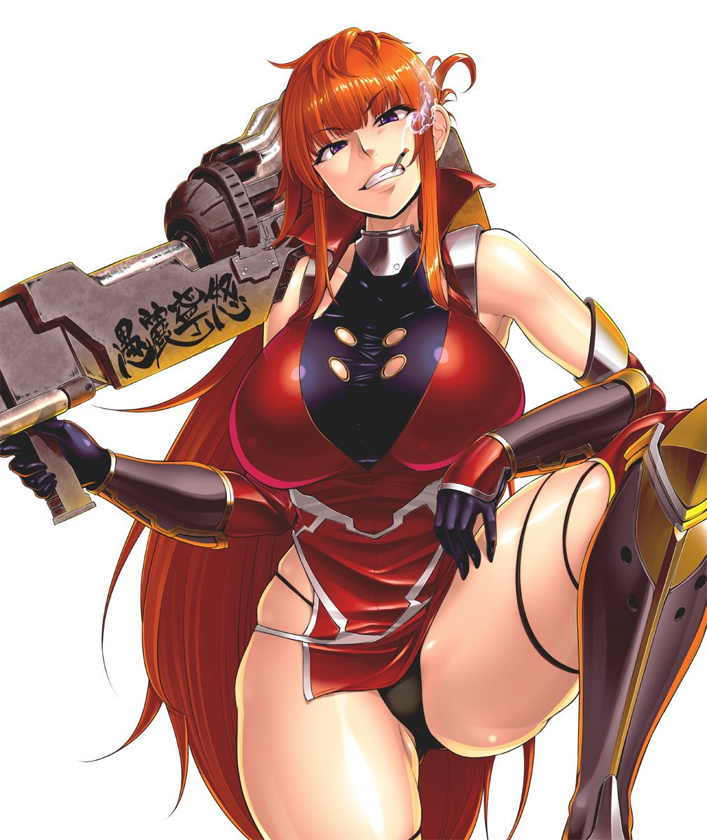 00s, 1girl, armor, bare_shoulders, bazooka, black_panties, blunt_bangs, breasts