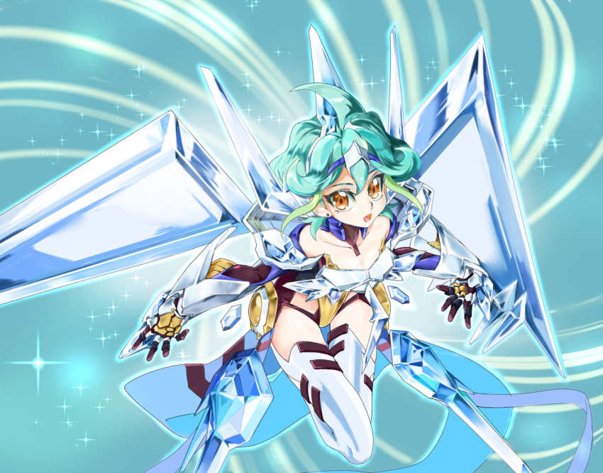 1girl, ahoge, crystal_wing_synchro_dragon, duel_monster, earrings, female_focus, gauntlets, green_hair