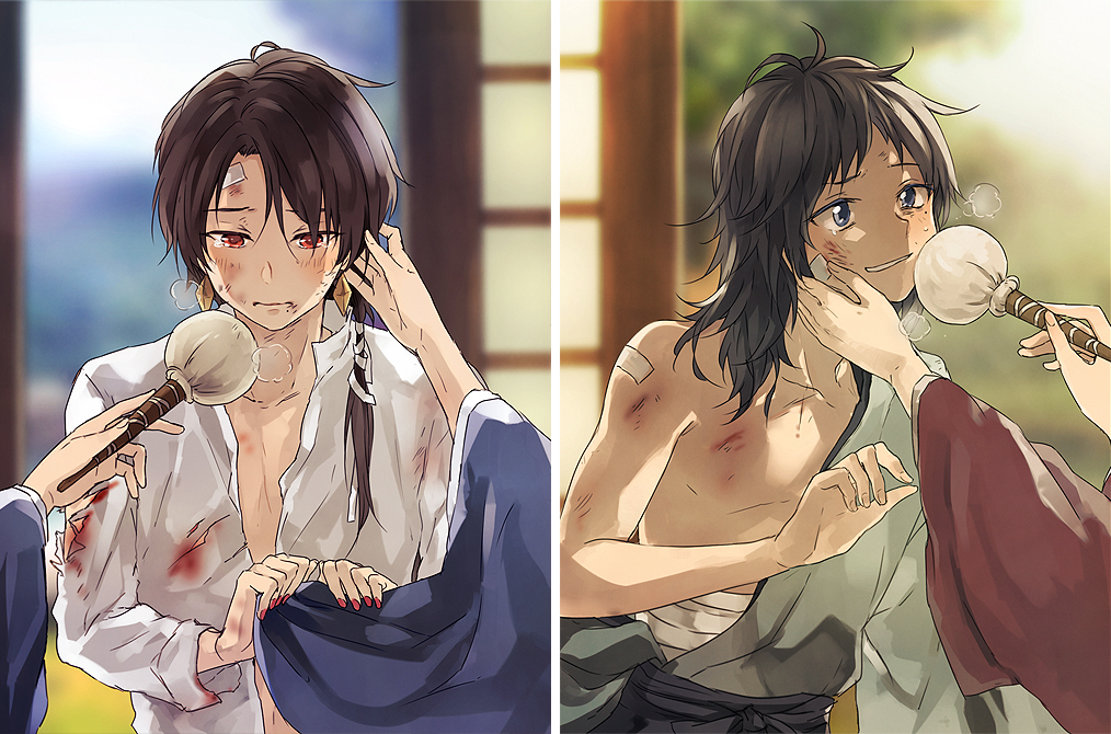 10s, 2boys, bandages, brown_hair, earrings, hair_down, hakama, hakama_skirt