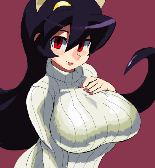 1girl, breasts, drawfag, female_focus, filia_(skullgirls), katosei, large_breasts, nail_polish, red_background, red_eyes, red_theme, samson_(skullgirls), simple_background, skullgirls, solo, source_request, sweater, tagme
