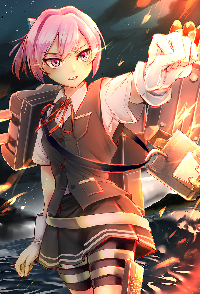 10s, 1girl, bike_shorts, bike_shorts_under_skirt, black_skirt, cannon, clenched_hand, collared_shirt