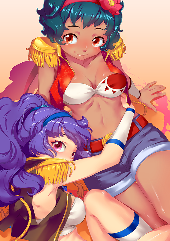 2girls, black_hair, blush, breasts, brown_eyes, dark_skin, dark-skinned_female, enko_momoda
