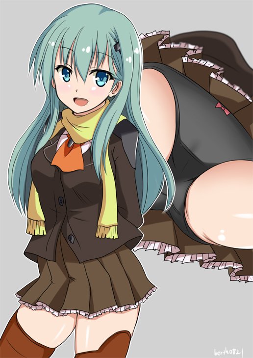 10s, 1girl, aqua_eyes, aqua_hair, ascot, black_panties, brown_thighhighs, green_eyes