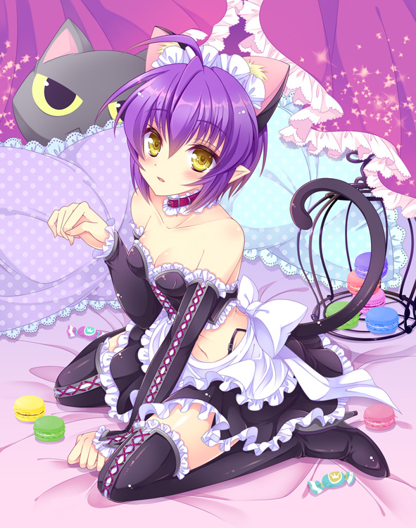 1girl, ahoge, alternate_costume, animal_ears, bare_shoulders, bed, black_boots, black_skirt