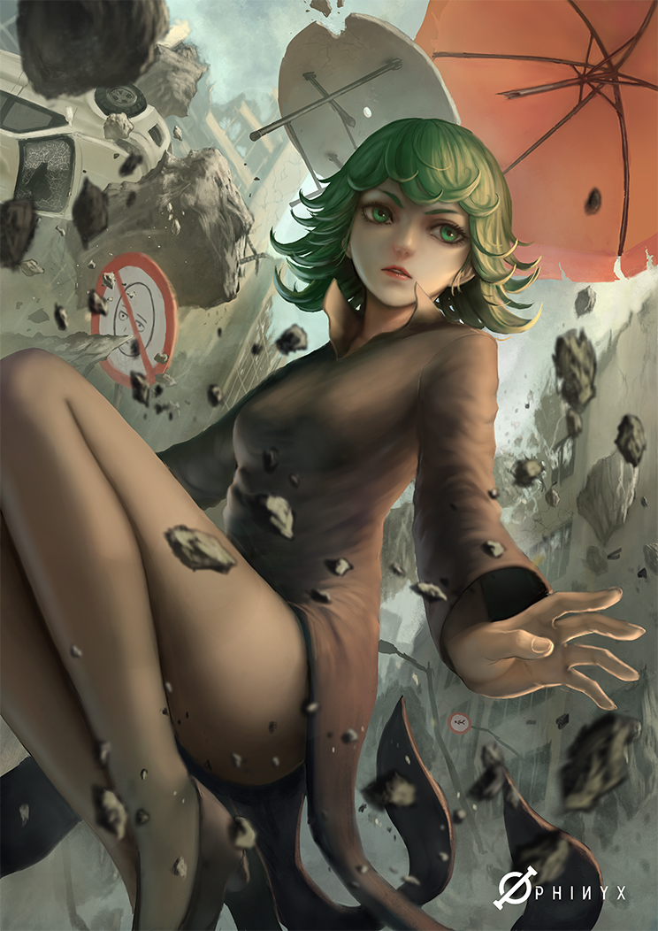 1girl, black_dress, car, dress, female_focus, floating_rock, green_eyes, green_hair, legs, lips, long_legs, matching_hair/eyes, motor_vehicle, namae_shifuta, one-punch_man, realistic, ruins, saitama_(one-punch_man), short_hair, solo, tatsumaki, telekinesis