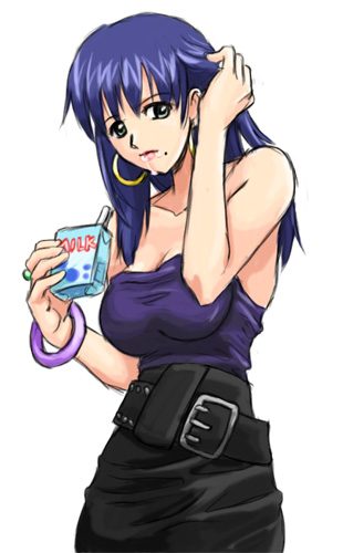 1girl, akogi, arc_the_lad, arc_the_lad_ii, bare_shoulders, belt, bracelet, drink_carton
