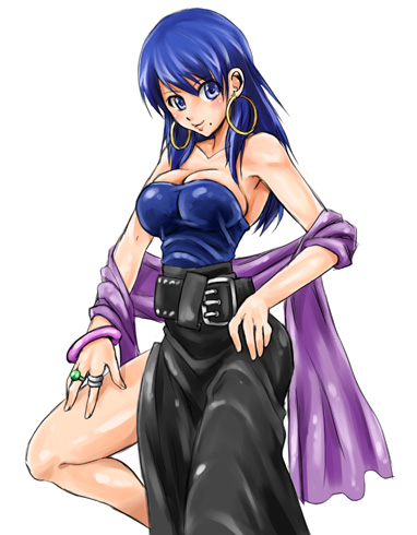1girl, akogi, arc_the_lad, arc_the_lad_ii, bare_shoulders, blue_eyes, blue_hair, breasts, cleavage, earrings, female_focus, jewelry, lowres, matching_hair/eyes, shante_(arc_the_lad), simple_background, solo, white_background