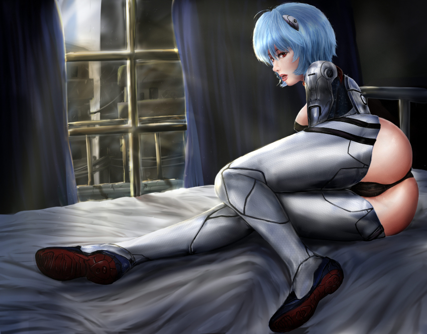 1girl, ass, ayanami_rei, bed, black_panties, blue_hair, curtains, female_focus