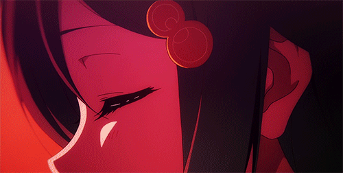 10s, 1girl, animated, animated_gif, black_hair, closed_eyes, female_focus, hair_bobbles, hair_ornament, inhale, izumi_reina, long_hair, lowres, musaigen_no_phantom_world, open_mouth, school_uniform, solo, sunset