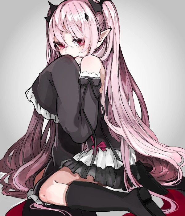 10s, 1girl, bare_shoulders, black_boots, black_dress, black_legwear, boots, detached_sleeves, dress, female_focus, krul_tepes, long_hair, looking_at_viewer, owari_no_seraph, pink_hair, pointy_ears, red_eyes, ribbon, smile, solo, spike_(fluffyspiky), two_side_up, vampire, very_long_hair