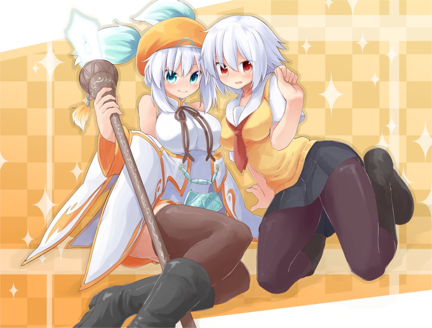 10s, 2girls, bare_shoulders, ben-tou, blue_eyes, blush, boots, breasts