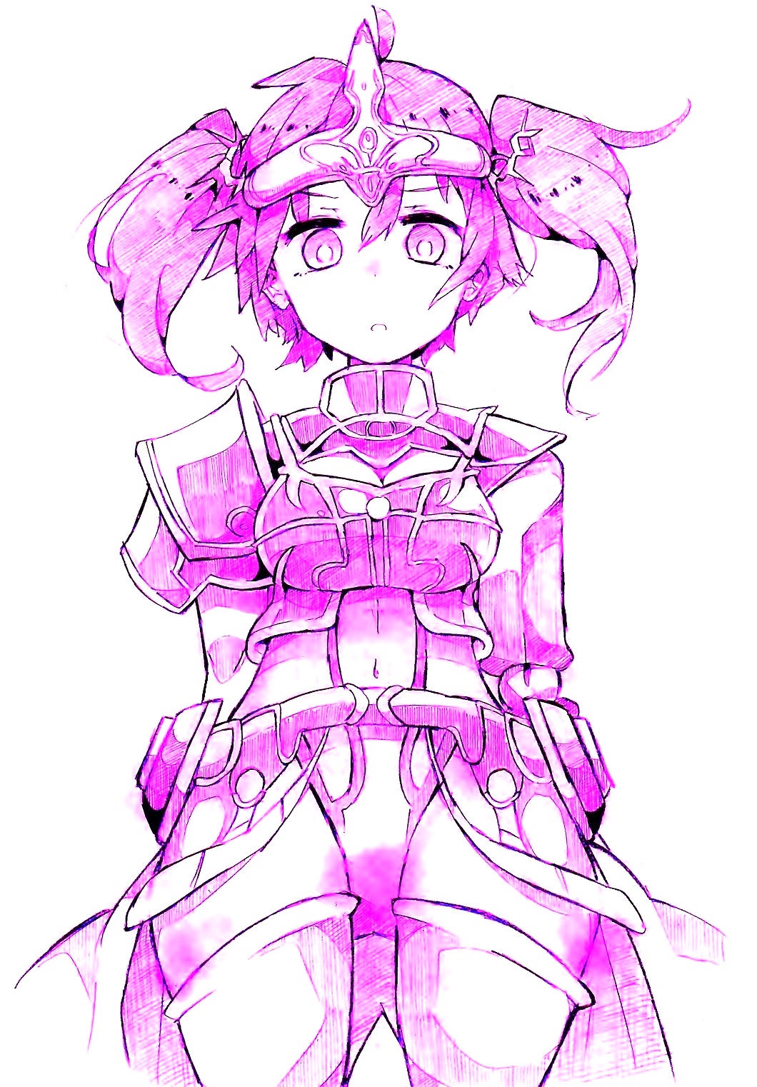 1girl, armor, bodysuit, breasts, cleavage, highres, iris_(luminous_arc), luminous_arc, monochrome, navel, open_mouth, purple_theme, short_hair, twintails